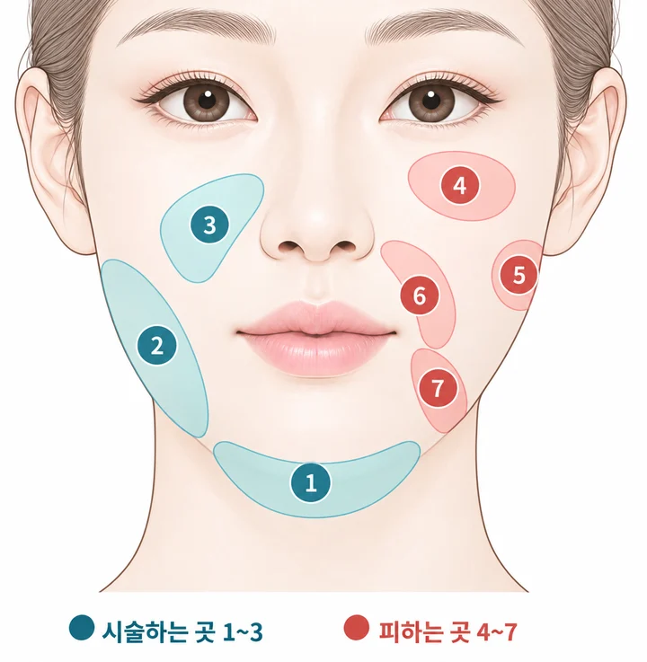 얼굴 위에 번호로 표시한 울쎄라 부위: 1 이중턱, 2 불독살, 3 팔자 위로 처진 볼살은 시술하고, 4 눈 밑 앞광대, 5 옆광대 아래 꺼진 곳, 6 팔자 패인 곳, 7 입꼬리 아래는 피함